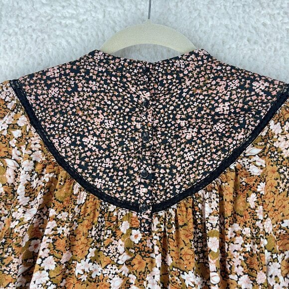 Hinge Brown Floral Mix Print Shirt Womens Prairie Chic High Neck Size XS - Picture 13 of 13